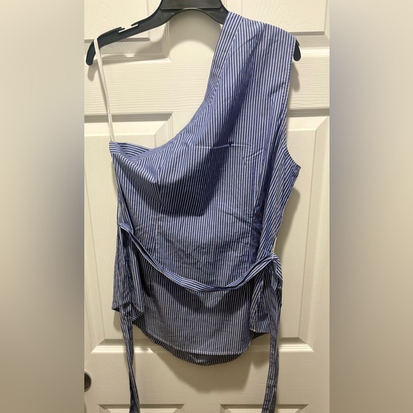 Banana Republic Blue and White Striped One Shoulder Shirt - Picture 4 of 6